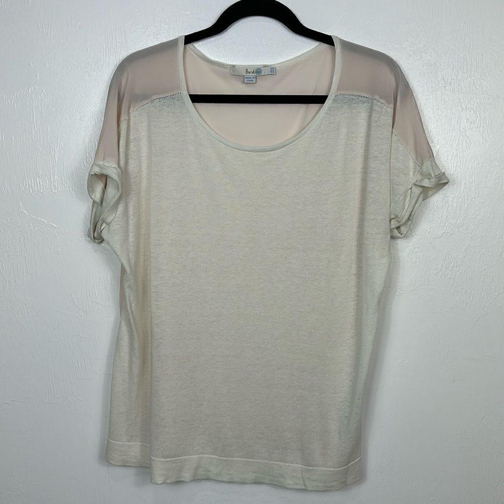 Boden Two Tone Light Beige Mixed Media Silk Blend Short Sleeve Top Shirt Size 12